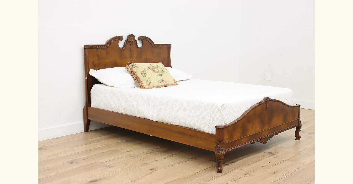 French Vintage Figured Walnut Full Size Bed, Carved Shells