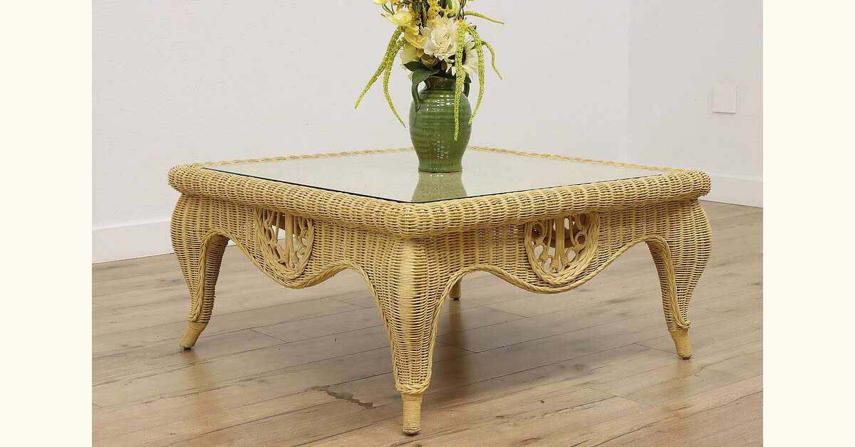 Wicker Vintage Glass Top Coffee Cocktail Table