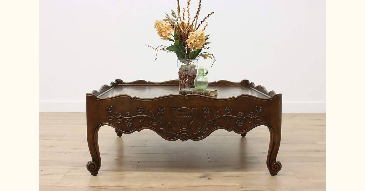 Country French Vintage Oak Coffee Table Carved Flowers Baker
