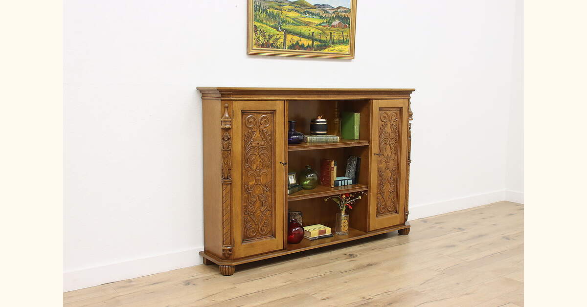 Renaissance Vintage Oak Bookcase or TV Console, Knights