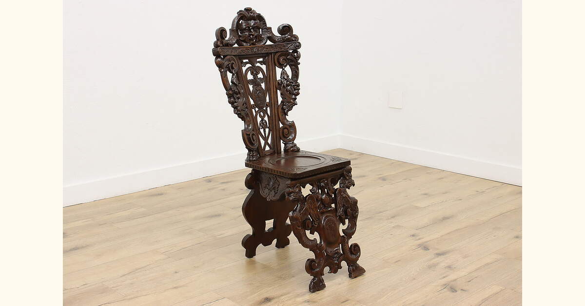 Renaissance Antique Carved Walnut Side Hall Chair Green Man Renaissance Antique Carved Walnut Side Hall Chair Green Man
