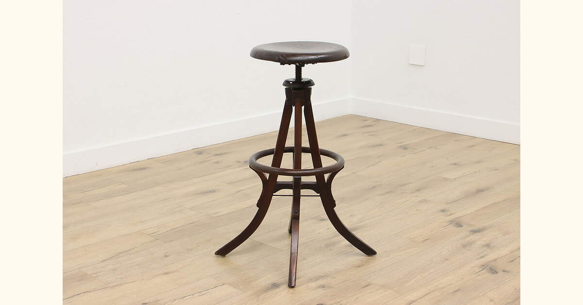 Industrial Antique Elm Adjustable Artist Drafting Stool