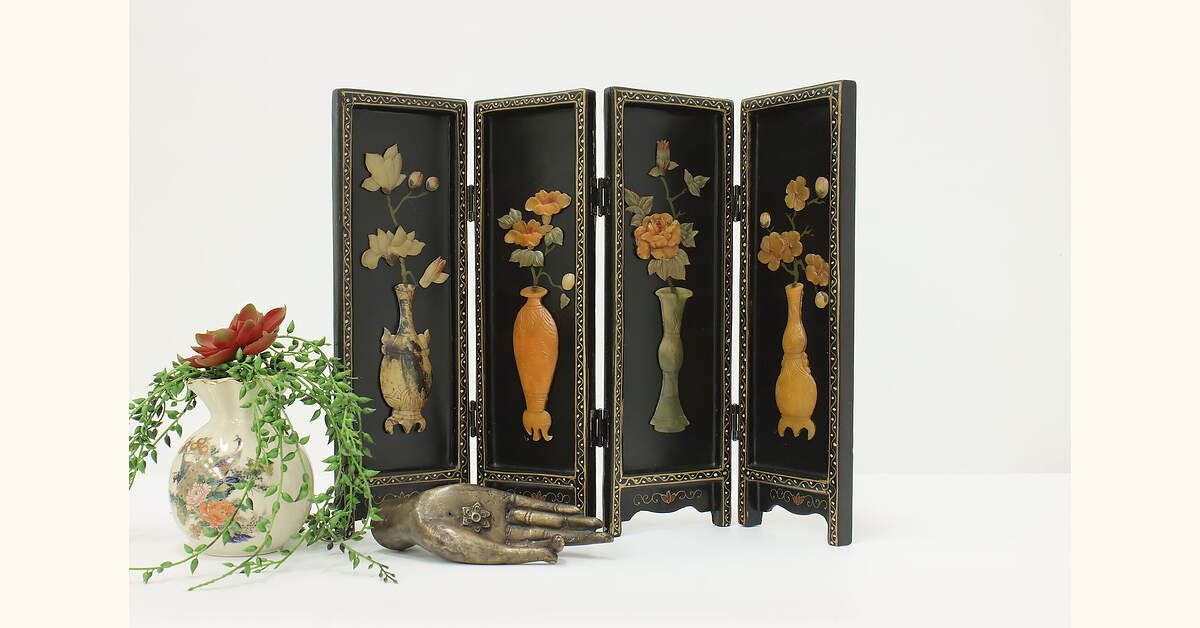 Asian Vintage Carved Lacquer Tabletop Screen, Flower Vases