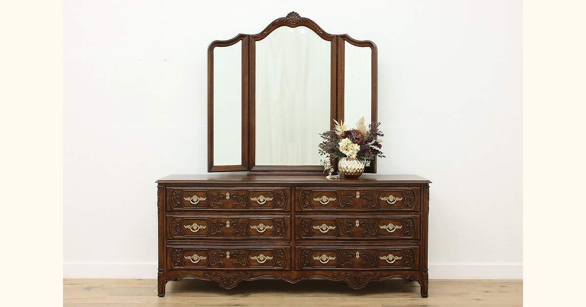 French Country Vintage Carved Walnut Dresser & Mirror Drexel