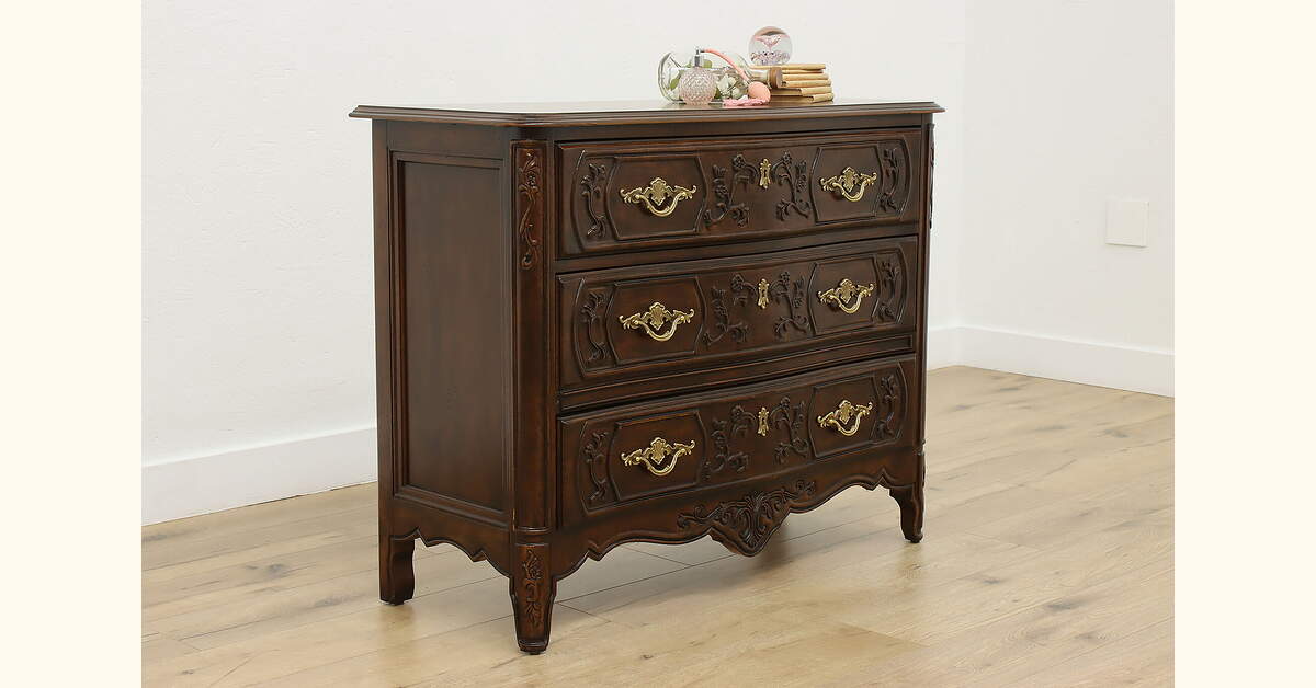 French Country Vintage Carved Walnut Dresser or Chest Drexel