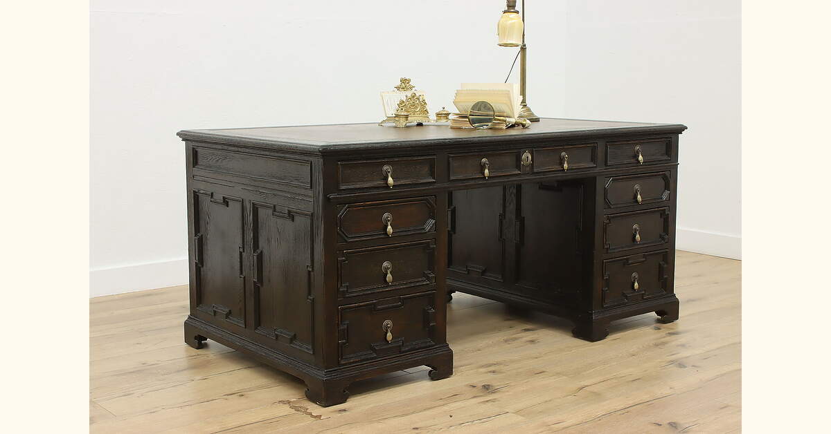English Tudor Carved Oak Executive Office Desk Leather Top