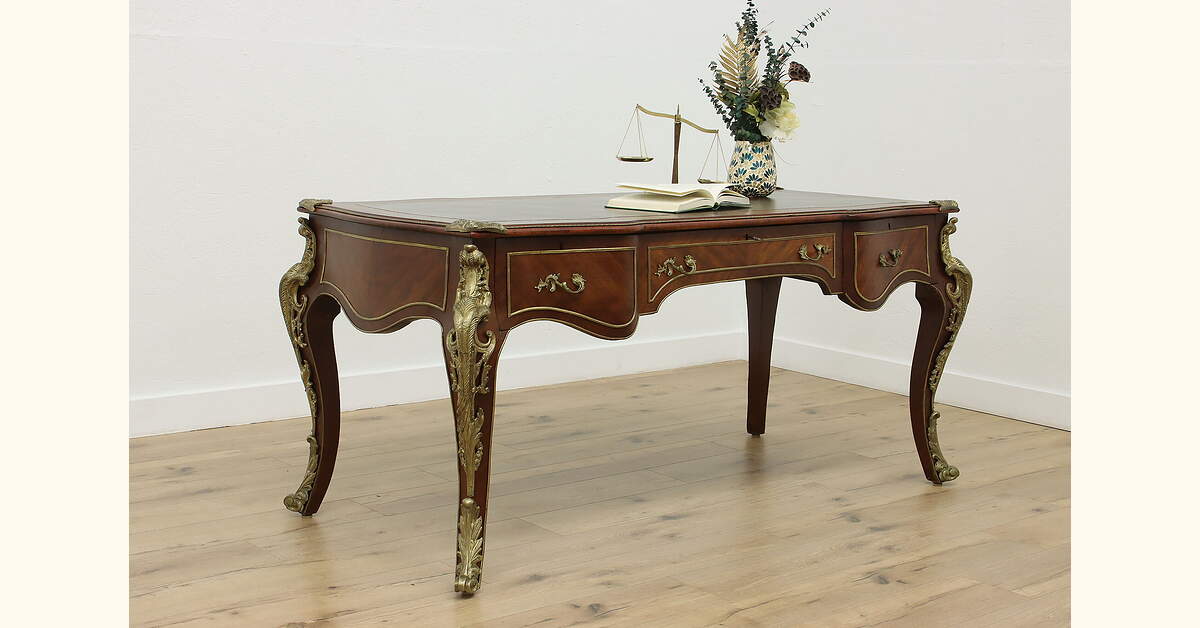 French Louis XIV Vintage Mahogany Brass Office Desk Leather