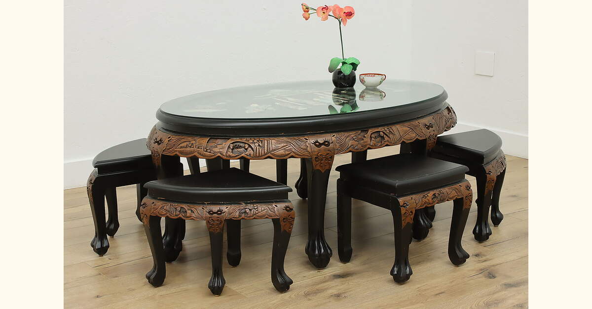 Chinese Vintage Lacquer Teak Tea or Coffee Table & 6 Stools Chinese Vintage Lacquer Teak Tea or Coffee Table & 6 Stools