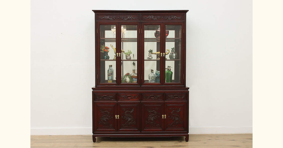 Chinese Vintage Rosewood Lit China Cabinet, Carved Dragons