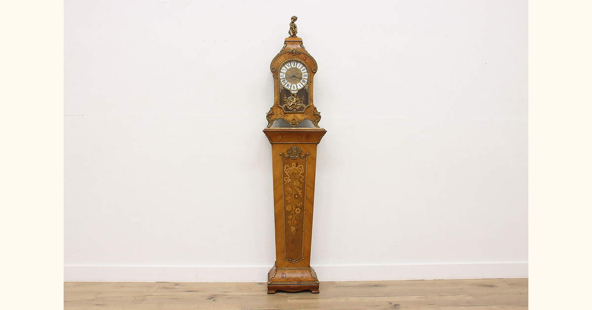 Versailles Ormolu & Marquetry Clock, Stand, Brass Cherub 93