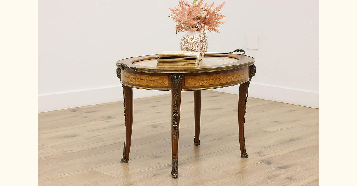 French Marble, Marquetry & Bronze Antique Oval Coffee Table
