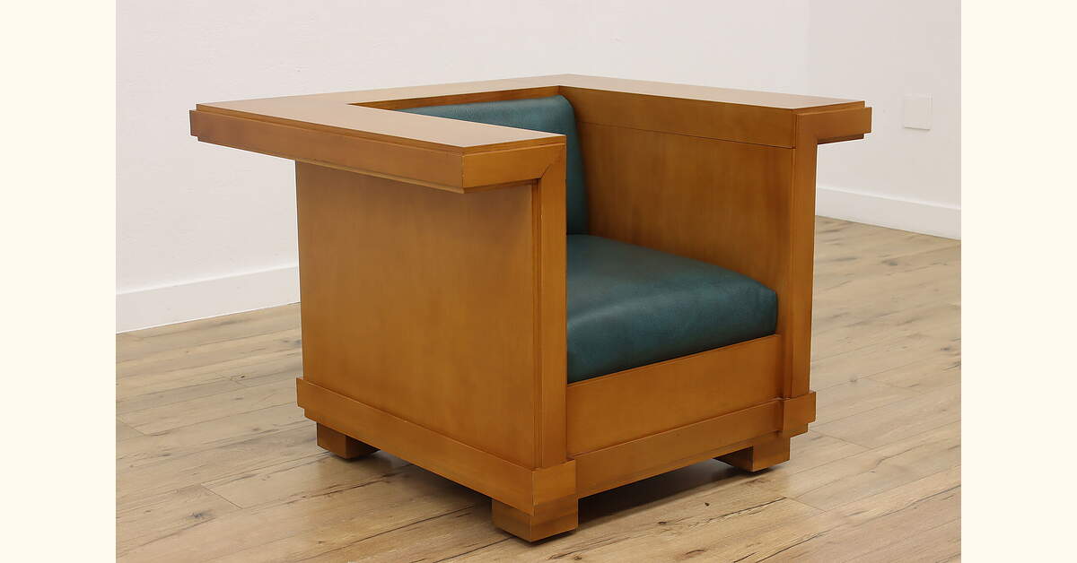 Midcentury Modern Vintage Birch & New Leather Cube Chair