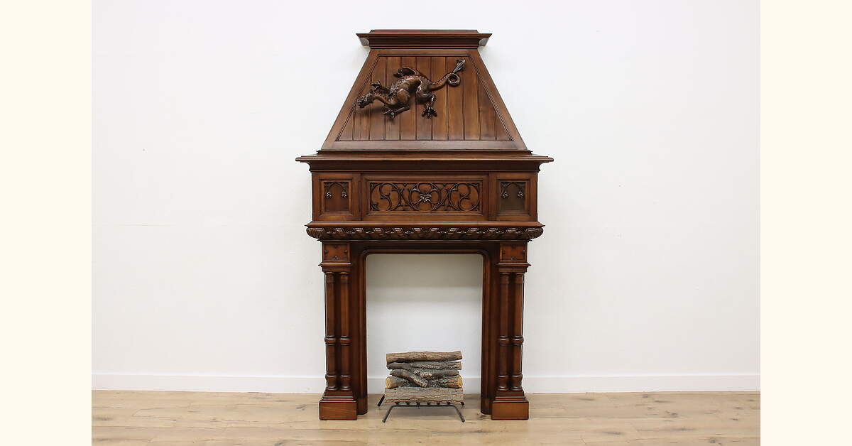 Gothic Design Antique Fireplace Salvage Walnut Mantel Dragon