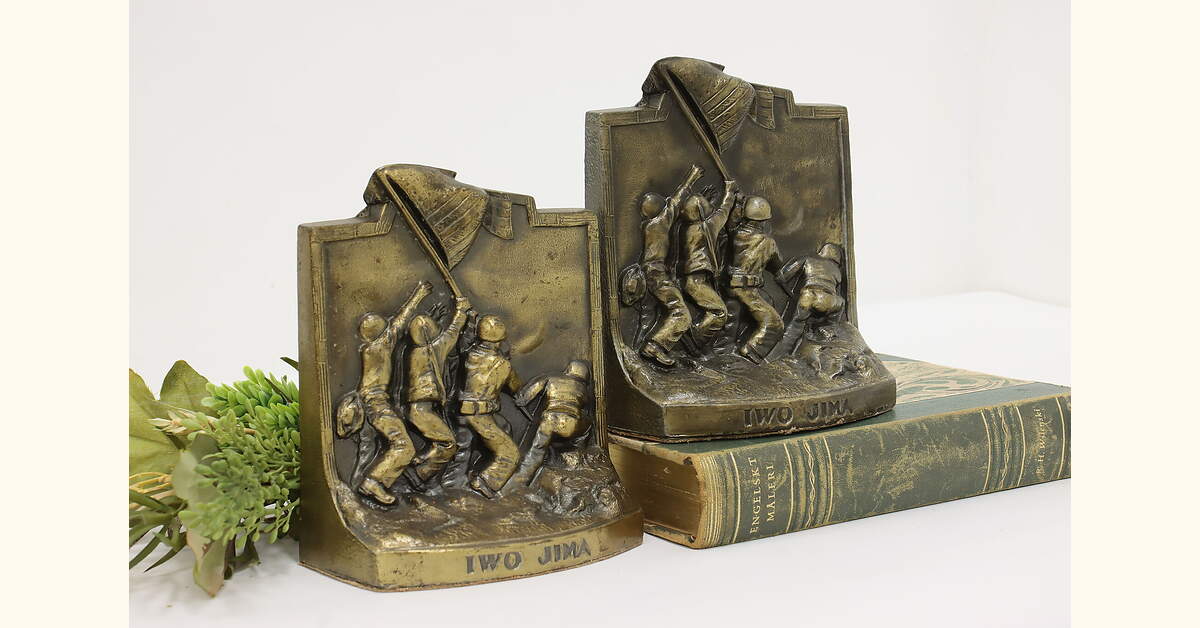 Pair of WWII Vintage Brass Finish Iwo Jima Island Bookends